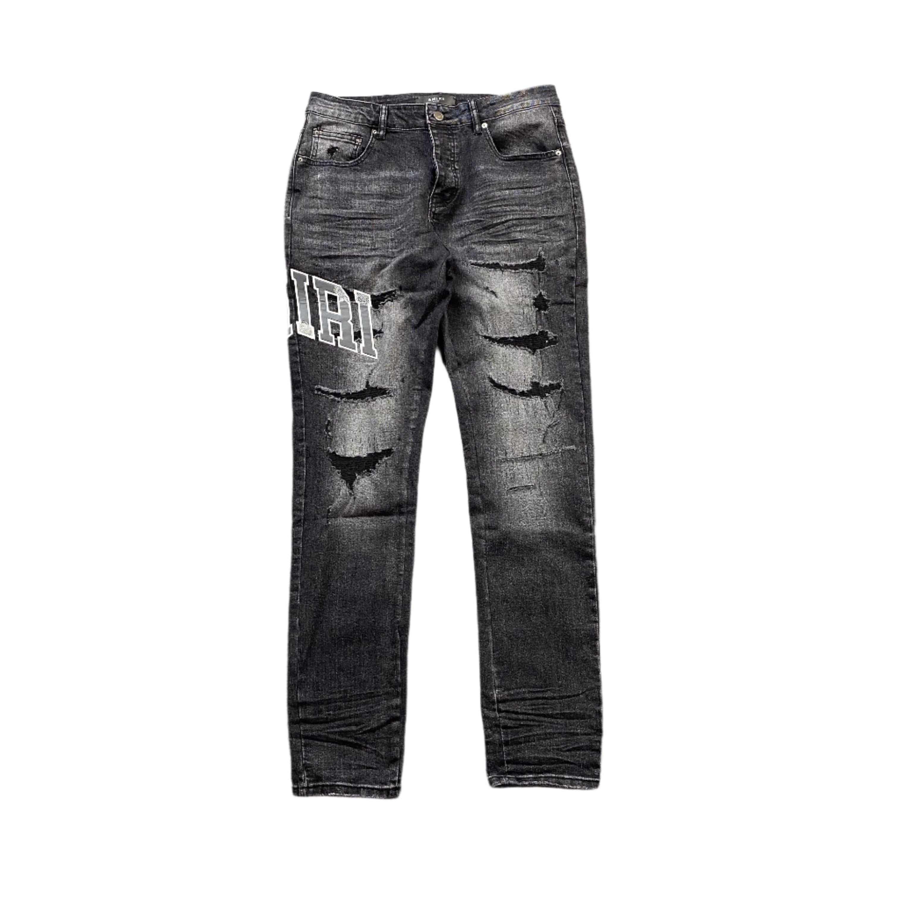 AMIRI VARSITY LOGO REPAIR JEANS