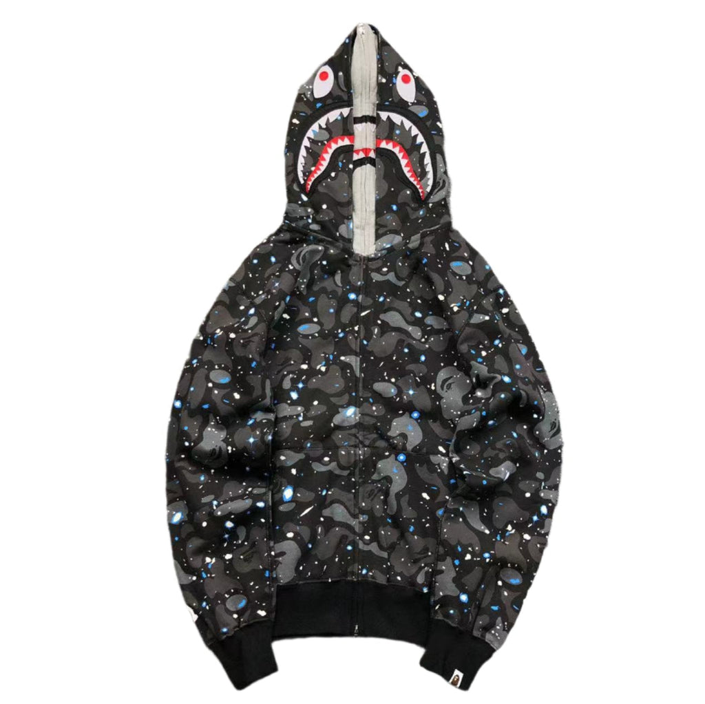 BAPE SPACE CAMO DOUBLE SHARK FULL ZIP HOODIE BLACK